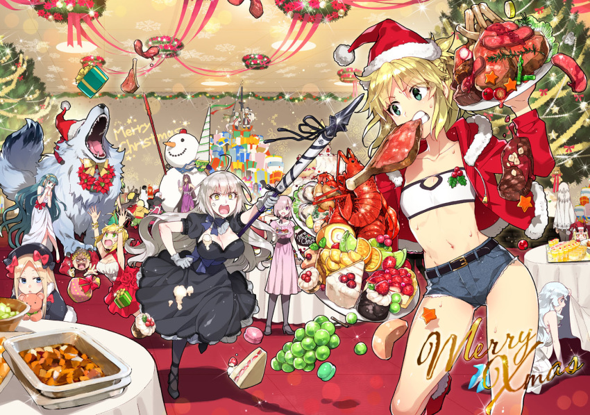 6+girls abigail_williams_(fate/grand_order) altera_(fate) arjuna_(fate/grand_order) artemis_(fate/grand_order) artoria_pendragon_(all) blonde_hair boned_meat braid cake caladbolg chacha_(fate/grand_order) christmas christmas_tree cleopatra_(fate/grand_order) commentary_request denim denim_shorts fate/apocrypha fate/extra fate/grand_order fate_(series) flagpole food fruit gae_bolg gift grapes hat hessian_(fate/grand_order) ibaraki_douji_(fate/grand_order) jack_the_ripper_(fate/apocrypha) jeanne_d'arc_(alter)_(fate) jeanne_d'arc_(fate)_(all) jeanne_d'arc_alter_santa_lily julius_caesar_(fate/grand_order) karna_(fate) lobo_(fate/grand_order) lobster long_hair macaron mash_kyrielight meat merry_christmas mordred_(fate) mordred_(fate)_(all) multiple_girls nero_claudius_(fate) nero_claudius_(fate)_(all) nursery_rhyme_(fate/extra) orion_(fate/grand_order) paul_bunyan_(fate/grand_order) ponytail rama_(fate/grand_order) redrop saber sandwich santa_alter santa_hat scathach_(fate)_(all) scathach_(fate/grand_order) shorts snowman strapless table tubetop white_hair