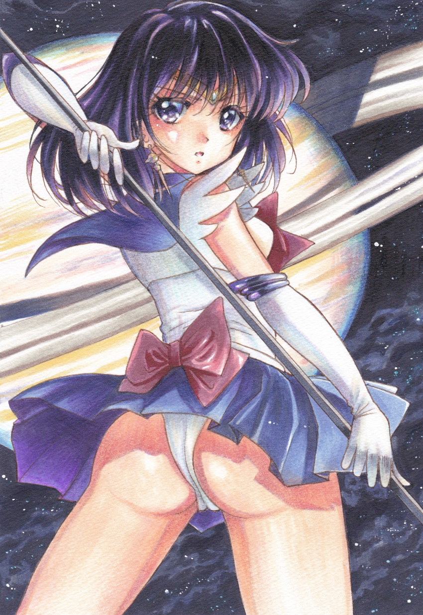 1girl absurdres ass back_bow bishoujo_senshi_sailor_moon bow elbow_gloves from_behind gloves highres holding holding_spear holding_weapon leotard looking_at_viewer looking_back marker_(medium) outer_senshi pleated_skirt polearm purple_sailor_collar sailor_collar sailor_saturn sailor_senshi sailor_senshi_uniform shiny shiny_hair shiny_skin short_hair silence_glaive skirt solo spear standing tomoe_hotaru tomoeri traditional_media weapon white_gloves white_leotard