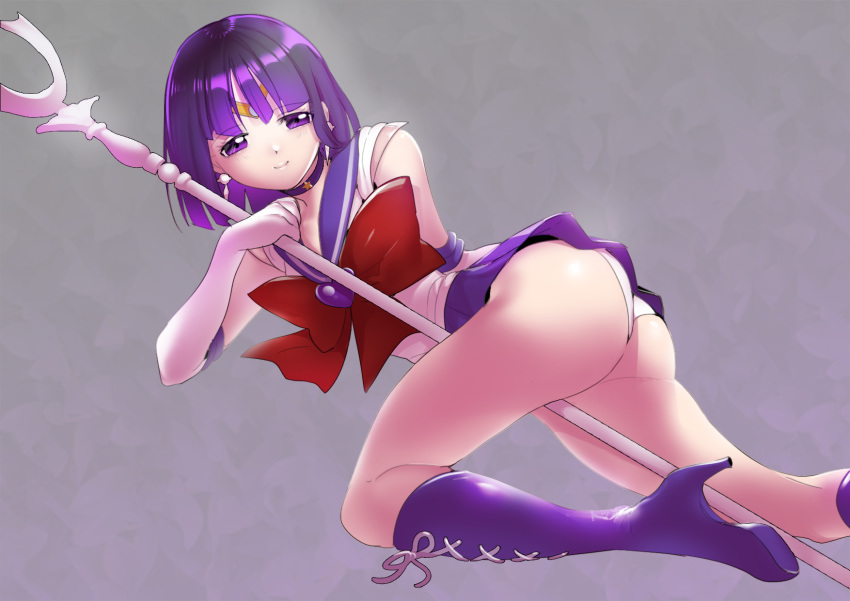 1girl ass back_bow bishoujo_senshi_sailor_moon boots bow breasts choker circlet earrings elbow_gloves gloves highres jewelry leotard looking_at_viewer lying on_side pleated_skirt purple_eyes purple_hair purple_sailor_collar sailor_collar sailor_saturn sailor_senshi sailor_senshi_uniform shiny shiny_hair shiny_skin short_hair silence_glaive skirt solo star_(symbol) star_choker tomoe_hotaru toppogi white_gloves white_leotard