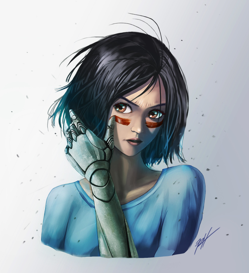 1girl alita:_battle_angel black_hair brown_eyes commentary_request cyborg facial_mark gally gunnm highres ranh serious short_hair signature simple_background solo white_background