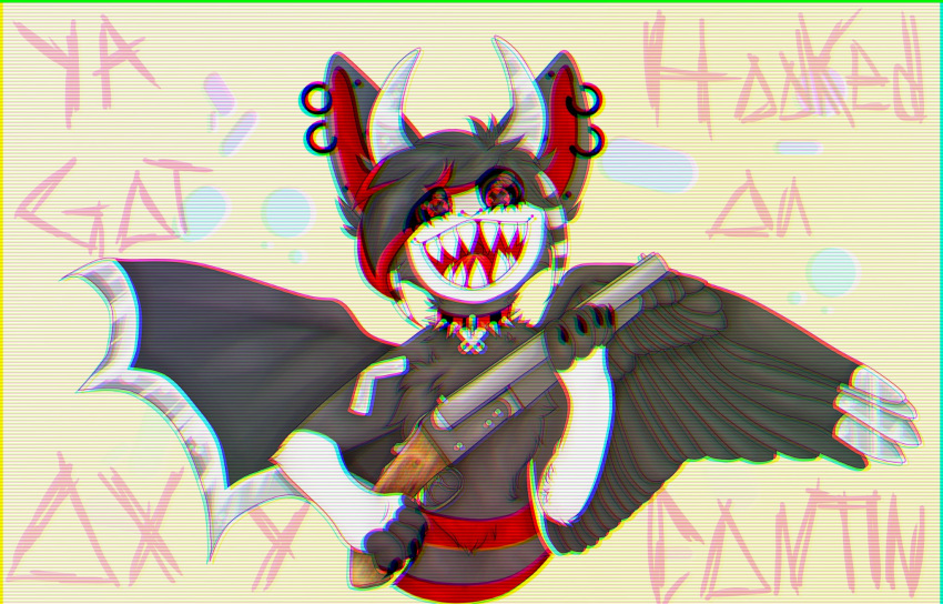 ambiguous_gender anthro bat_wings bell bell_collar claws collar drugs feathered_wings feathers felid gun hi_res horn lyrics mammal membrane_(anatomy) membranous_wings piercing pills ranged_weapon shaped_pupils sharp_teeth shotgun slates1n smile solo teeth weapon wings