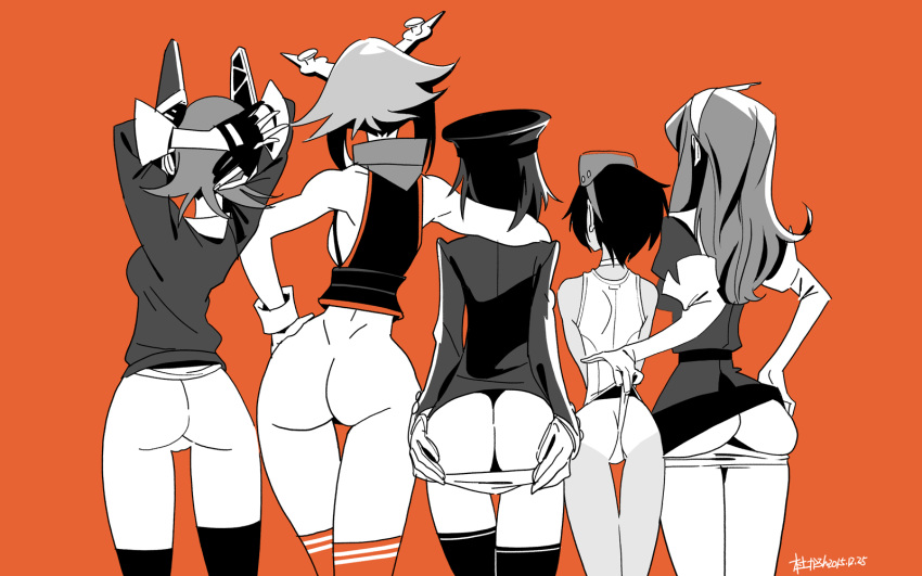 5girls akitsu_maru_(kantai_collection) arm_around_shoulder arms_up ashigara_(kantai_collection) ass bottomless callan_(callancoe) dated diving_mask diving_mask_on_head fingerless_gloves from_behind gloves greyscale hat headgear highres kantai_collection long_hair long_sleeves maru-yu_(kantai_collection) monochrome multiple_girls mutsu_(kantai_collection) orange_background panties panty_pull red_legwear short_hair signature spot_color swimsuit swimsuit_pull swimsuit_tan tan tenryuu_(kantai_collection) thighhighs underwear