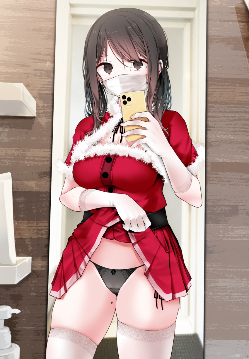 1girl bangs black_eyes black_hair black_panties breasts cameltoe christmas earrings fur_trim gloves highres jewelry large_breasts lifted_by_self long_hair looking_at_viewer mask mole mole_on_thigh mole_under_eye mouth_mask oouso original panties pleated_skirt santa_costume self_shot short_sleeves skirt skirt_lift solo string_panties surgical_mask thighhighs underwear white_gloves white_legwear