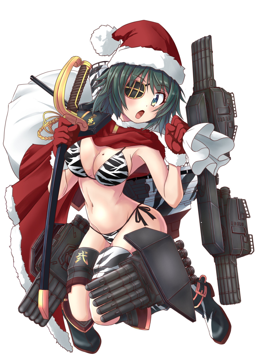 1girl absurdres animal_print bikini boots breasts cape cleavage commentary_request cutlass eyepatch fur-trimmed_gloves fur-trimmed_headwear fur_trim gloves green_eyes green_hair hat highres kantai_collection kiso_(kantai_collection) machinery medium_breasts muzzuleflash red_cape red_gloves red_headwear sack santa_hat school_uniform serafuku short_hair side-tie_bikini simple_background solo swimsuit tiger_print torpedo_launcher white_background