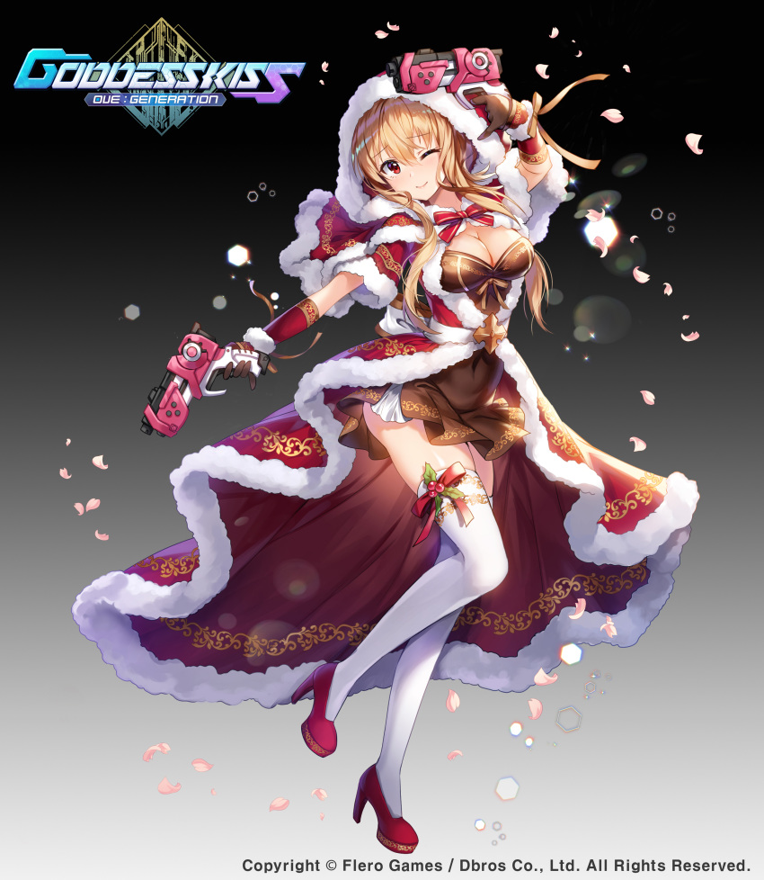 1girl :o absurdres apple_caramel bangs black_gloves bow breasts brown_eyes capelet cleavage company_name copyright_name dual_wielding full_body fur_trim gloves goddess_kiss gradient gradient_background gun high_heels highres holding holding_gun holding_weapon hood long_hair looking_at_viewer medium_breasts official_art one_eye_closed petals red_bow red_footwear simple_background solo symbol-shaped_pupils thighhighs watermark weapon white_legwear