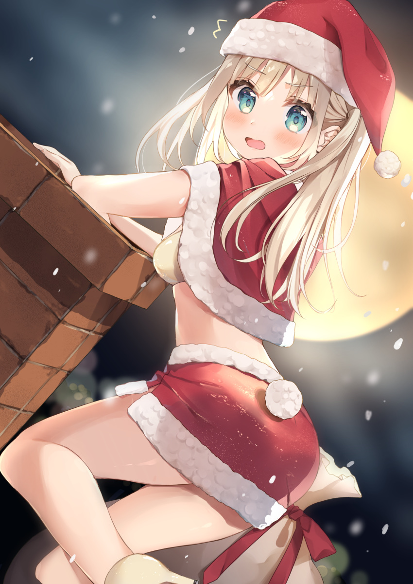 1girl absurdres bandeau blonde_hair blue_eyes breasts bunny_tail capelet christmas dutch_angle full_moon fur_trim hat highres long_hair looking_at_viewer looking_to_the_side medium_breasts midriff miniskirt moon night original red_headwear red_skirt santa_costume santa_hat skirt snowing solo tail thighs v-shaped_eyebrows yushima