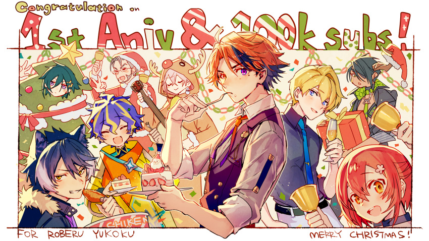 animal_costume animal_ears aragami_ouga arurandis astel_leda bell blonde_hair blue_eyes blue_hair blue_neckwear blush cake cake_slice christmas christmas_tree closed_mouth food fork fruit glasses guitar hair_between_eyes hanasaki_miyabi highres holding holding_fork holostars instrument jacket kageyama_shien kanade_izuru kishido_temma long_sleeves looking_at_viewer male_focus mebaru multicolored_hair multiple_boys necktie open_mouth orange_eyes pastry plate purple_eyes red_hair reindeer_costume rikka_(holostars) santa_costume shirt short_hair smile strawberry virtual_youtuber yukoku_roberu