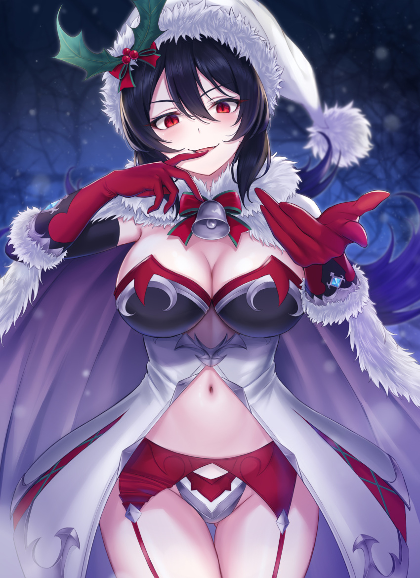 1girl absurdres bell black_hair bow bowtie breasts cape cleavage coat cowboy_shot elbow_gloves finger_to_mouth fur_collar fur_trim garter_belt gloves grey_panties hair_between_eyes hat highres ilya_(princess_connect!) large_breasts long_hair looking_at_viewer navel no_pants open_mouth outstretched_arm panties princess_connect! princess_connect!_re:dive rama_(yu-light8) red_eyes red_gloves revealing_clothes santa_hat smile solo stomach thigh_gap thighs underwear white_coat white_headwear