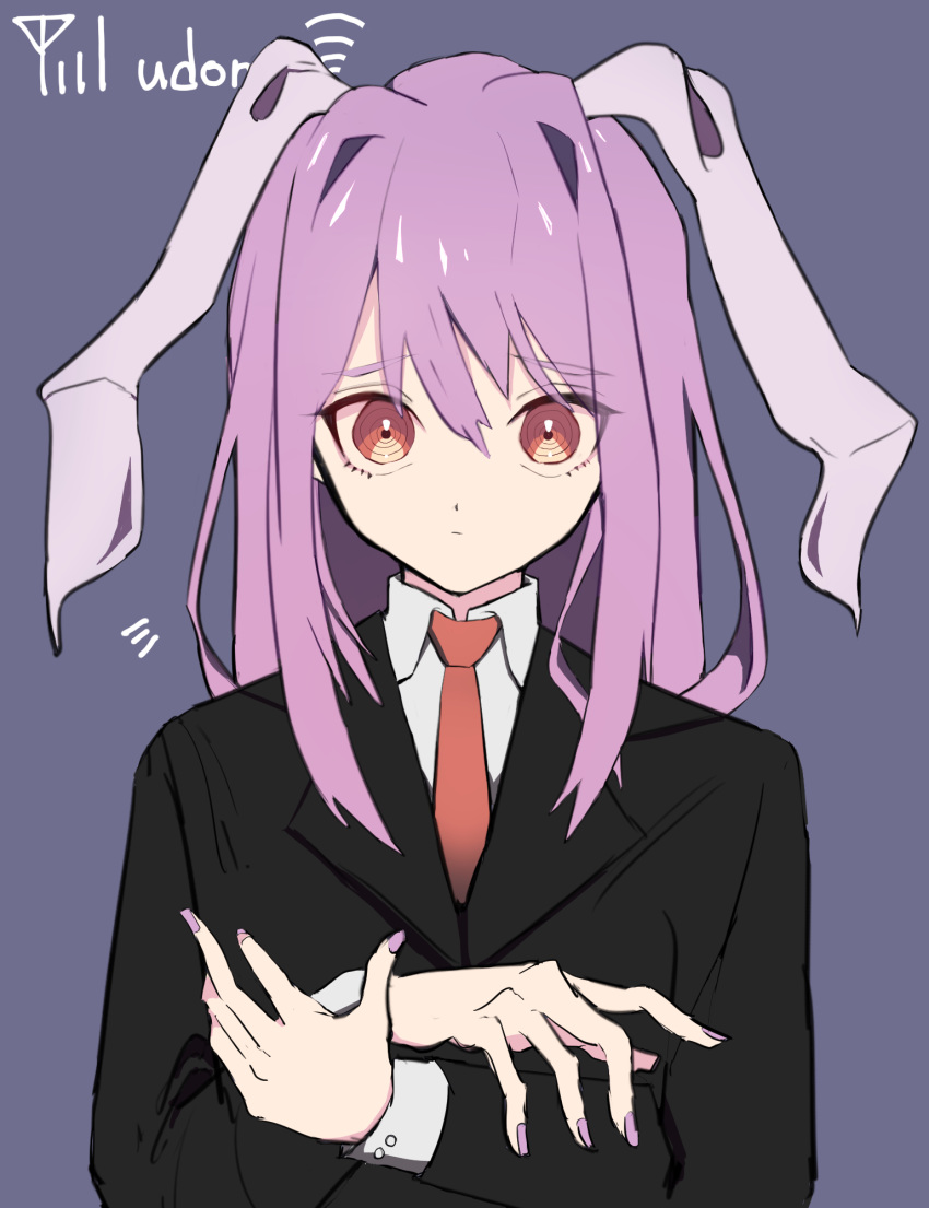 animal_ears bunny_ears crossed_arms highres imperishable_night jacket mizoreshi nail_polish necktie orange_eyes purple_hair reisen_udongein_inaba signal_bar simple_background touhou