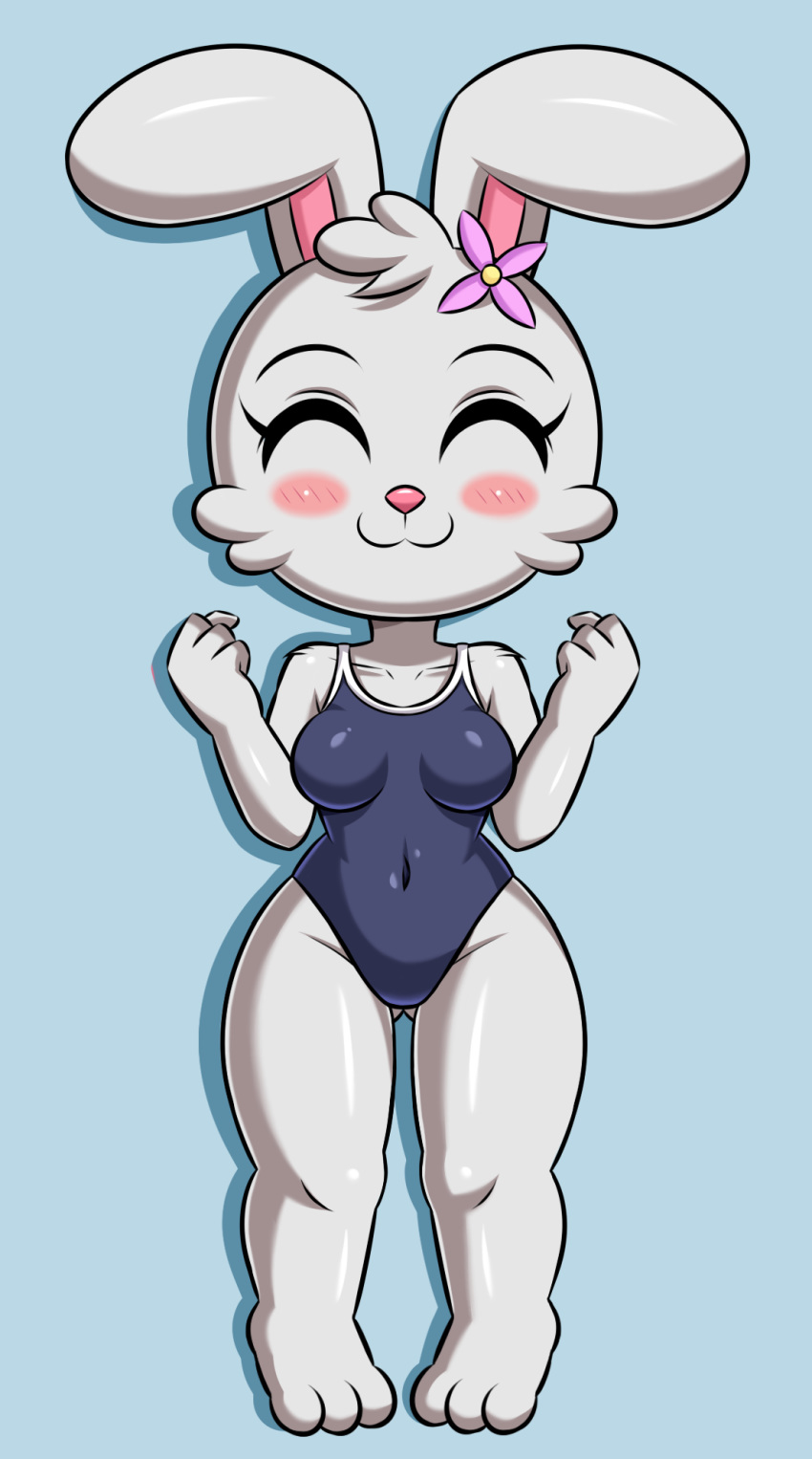anthro blush breasts clothed clothing female fur grey_body hi_res huitu_c lagomorph leporid mammal one-piece_swimsuit rabbit swimwear thick_thighs wide_hips