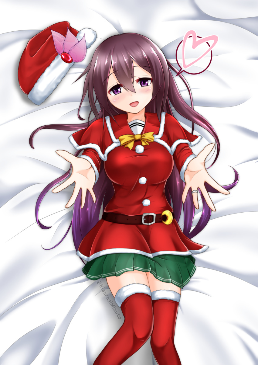 1girl absurdres alternate_breast_size blanket breasts brown_hair capelet christmas fur-trimmed_headwear fur-trimmed_legwear fur_trim green_skirt hat headgear_removed heart highres jacket jewelry kantai_collection kisaragi_(kantai_collection) kisaragi_mizuto large_breasts long_hair lying on_bed open_mouth purple_eyes red_capelet red_headwear red_jacket red_legwear ribbon ring santa_costume santa_hat skirt solo thighhighs