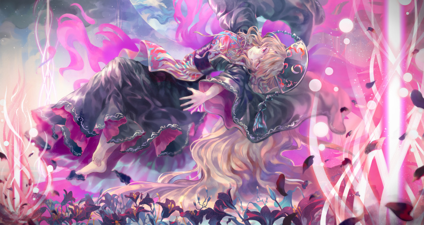 1girl bangs barefoot beads black_dress black_flower black_headband breasts chinese_clothes closed_mouth commentary_request crescent crescent_print danmaku dress earth energy fire flame flame_print floating flower flower_request fox_tail gu_hu hat headband highres junko_(touhou) laser light_smile long_hair long_sleeves looking_at_viewer looking_to_the_side lying multiple_tails neck_ribbon obi on_back orange_hair planet red_eyes red_tabard ribbon sash solo spell_card tabard tail tassel touhou two-sided_fabric very_long_hair wide_sleeves yellow_neckwear yellow_ribbon