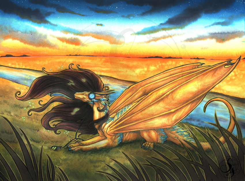 2020 brown_hair claws dragon female feral fur furred_dragon grass hair membrane_(anatomy) membranous_wings natoli plant river solo traditional_media_(artwork) wings