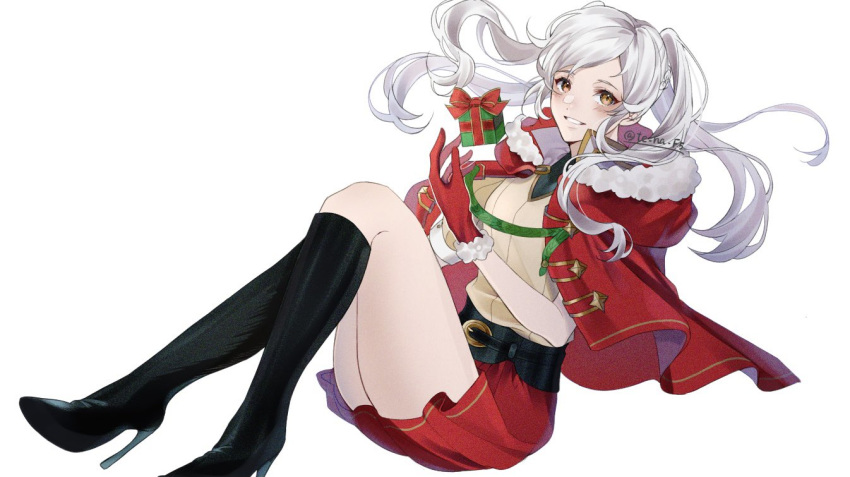 1girl alternate_costume bangs belt belt_buckle black_belt black_footwear blonde_hair blush boots buckle cape christmas_present collared_shirt eyelashes fire_emblem fire_emblem_awakening full_body fur_trim gloves gold_trim high_heels hood hooded_cape invisible_chair knee_boots leaning_back looking_at_viewer parted_lips red_gloves red_skirt robin_(fire_emblem) robin_(fire_emblem)_(female) shirt sidelocks simple_background sitting skirt smile solo tan_sweater te_na_f5 twintails twitter_username white_background white_hair