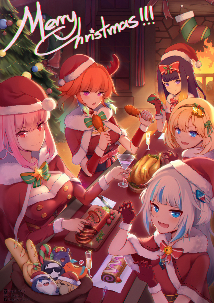 :d :o absurdres alternate_costume aqua_hair baguette bangs bell blonde_hair bloop_(gawr_gura) blue_eyes blue_hair blunt_bangs bread breasts bubba_(watson_amelia) capelet champagne_flute chicken_leg christmas christmas_tree claw_pose commentary cup death-sensei_(mori_calliope) drinking_glass english_commentary eyebrows_visible_through_hair fang fire fireplace food fork fur-trimmed_capelet fur-trimmed_gloves fur-trimmed_headwear fur_trim gawr_gura gloves gradient_hair hair_bell hair_ornament hairband hairclip hat highres hololive hololive_english huge_filesize indoors knife large_breasts long_hair looking_at_viewer merry_christmas mixed-language_commentary mori_calliope multicolored_hair neck_ribbon ninomae_ina'nis open_mouth orange_hair party_popper pink_eyes pink_hair pointy_ears pom_pom_(clothes) purple_eyes purple_hair red_capelet red_eyes red_gloves red_neckwear red_ribbon ribbon santa_hat short_hair sitting skin_fang smile streaked_hair table takanashi_kiara tako_(ninomae_ina'nis) turkey_(food) two-tone_hair v-shaped_eyebrows virtual_youtuber watson_amelia white_hair wong_y_hui_98