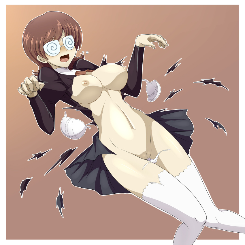 1girl absurdres agent_aika aika_(series) black_delmo black_jacket black_skirt blush border bra breasts breasts_outside brown_eyes brown_hair clam_curry commentary_request cravat delmogeny_uniform dutch_angle embarrassed exploding_clothes extra eyebrows_visible_through_hair glasses hands_up highres jacket long_sleeves medium_breasts medium_hair navel nipples nose_blush open_mouth panties pussy red_neckwear skirt solo standing thighhighs torn_clothes torn_legwear underwear white_border white_bra white_legwear white_panties