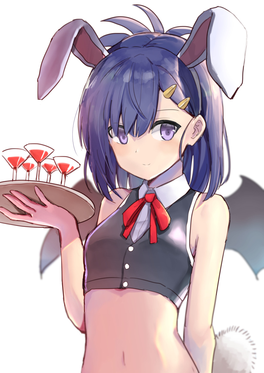 1girl absurdres alcohol animal_ears blue_hair blush breasts bunny_ears bunny_tail closed_mouth crop_top cup demon_girl demon_wings drinking_glass eyebrows fake_animal_ears fake_tail gabriel_dropout hair_ornament hairclip highres holding holding_tray looking_at_viewer navel purple_eyes red_ribbon ribbon short_hair small_breasts smile solo tail tenma-gav tray tsukinose_vignette_april upper_body wine wine_glass wings