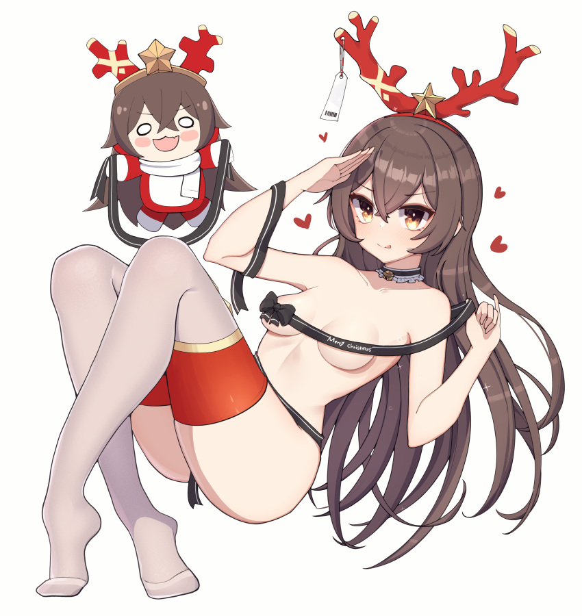 2girls :p absurdres amber_(genshin_impact) antlers baron_bunny bell blush_stickers bow bowtie breasts brown_hair choker genshin_impact heart highres jingle_bell merry_christmas multiple_girls open_mouth qhtjd0120 reindeer_antlers salute simple_background small_breasts smile thighhighs tongue tongue_out underboob white_background yellow_eyes