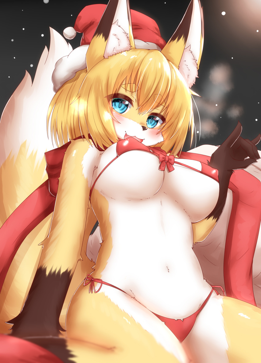 2020 5_fingers anthro big_breasts bikini blonde_hair blue_eyes blush bow_tie breasts brown_body brown_fur brown_nose canid canine cheek_tuft christmas christmas_clothing christmas_headwear claws clothed clothing cute_fangs dipstick_ears dipstick_tail eyebrows facial_tuft female fingers fluffy fluffy_tail fox fur gesture glistening glistening_hair gloves_(marking) hair hat headgear headwear hi_res holidays horokusa0519 inner_ear_fluff kemono kitsune_sign leg_markings mammal markings multicolored_body multicolored_ears multicolored_fur multicolored_tail night night_sky nipple_outline open_mouth pupils santa_hat scarf short_hair skimpy sky slit_pupils snow socks_(marking) solo swimwear tongue tuft under_boob white_body white_fur yellow_body yellow_fur