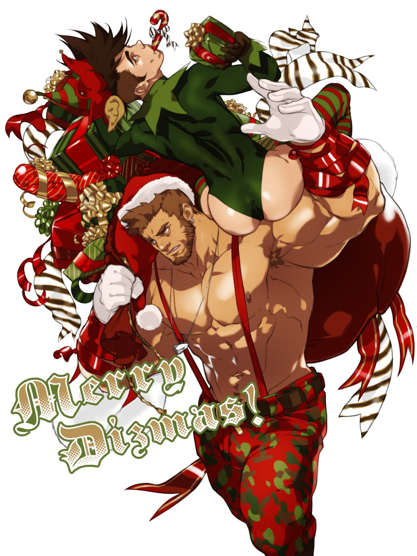 2boys abs arm_up armpit_hair bara bare_pecs beard biceps body_hair bodysuit box brown_eyes bulge camouflage camouflage_pants candy candy_cane cayden_(dizdoodz) chest_hair christmas dizdoodz earrings english_text facial_hair feet_out_of_frame food gift gift_bag gift_box gloves green_bodysuit hat highres jewelry light_brown_hair looking_to_the_side male_focus merry_christmas multiple_boys muscular muscular_male navel nipples on_shoulder original over_shoulder pants pectorals red_pants santa_costume santa_hat shirtless short_hair stomach suspenders thick_thighs thighs white_background white_gloves