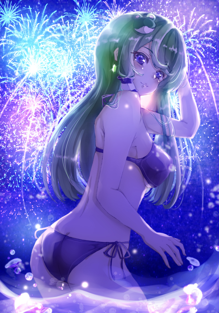 1girl aerial_fireworks alternate_costume arm_up backlighting bangs bikini blue_background blue_eyes blue_sky blue_swimsuit blue_theme blush breasts closed_mouth cowboy_shot crystal_earrings earrings fireworks frog_hair_ornament from_side glint green_hair gumi_(fwjn7284) hair_ornament hair_tubes hand_on_own_head highres jewelry kochiya_sanae large_breasts long_hair looking_at_viewer looking_to_the_side night partially_submerged senkou_hanabi side-tie_bikini sidelocks sky smile solo sparkler swimsuit swimwear touhou wading water water_drop
