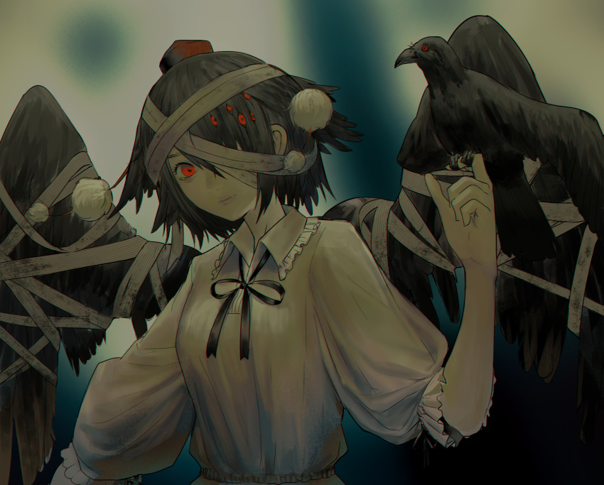 1girl absurdres bandaged_head bandaged_wings bandages bird bird_on_finger black_hair black_neckwear black_ribbon black_wings blurry blurry_background constricted_pupils crow extra_eyes frilled_shirt frilled_shirt_collar frilled_sleeves frills googerm hair_over_one_eye hat highres karasu_tengu light_smile loose_bandages multicolored multicolored_eyes pale_color pink_lips pom_pom_(clothes) puffy_short_sleeves puffy_sleeves red_eyes ribbon shameimaru_aya shirt short_hair short_sleeves solo tokin_hat touhou upper_body white_shirt wings