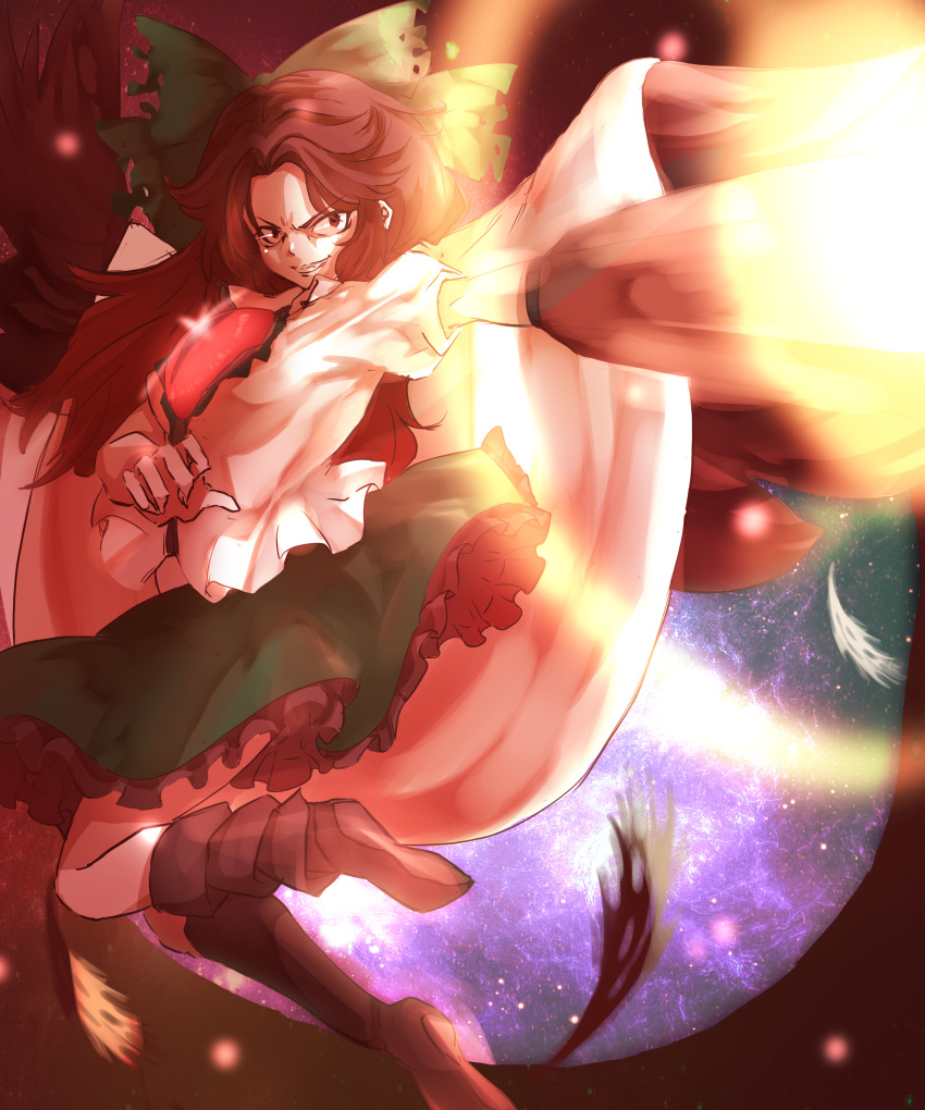 1girl absurdres arm_at_side arm_cannon bird_wings black_legwear black_wings blouse bow brown_hair cape clenched_teeth collared_blouse commentary feathered_wings feathers firing forehead frilled_skirt frills full_body glowing glowing_eye green_bow green_skirt grin gumi_(fwjn7284) hair_bow hands_up highres kneehighs long_hair looking_to_the_side mismatched_footwear outstretched_arm puffy_short_sleeves puffy_sleeves red_eyes reiuji_utsuho shoes short_sleeves sidelocks single_shoe skirt smile solo spell_card spread_wings teeth third_eye touhou v-shaped_eyebrows weapon white_blouse white_cape wing_collar wings