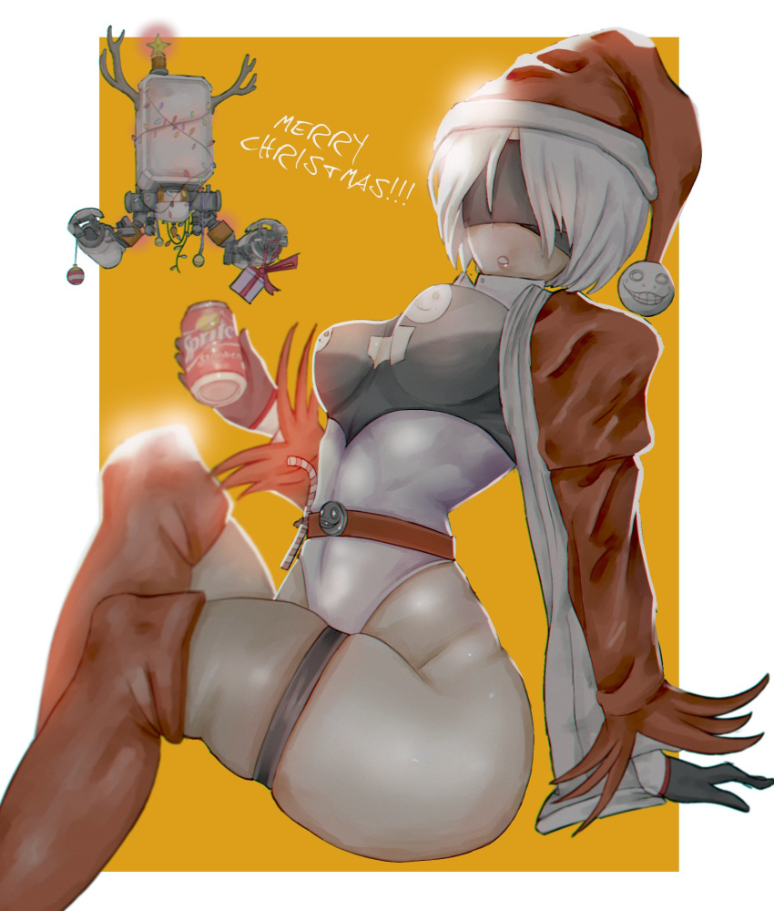 1girl :o adapted_costume black_blindfold black_gloves blindfold can christmas_lights christmas_ornaments english_text gloves hat highres horns juliet_sleeves lips long_sleeves nier_(series) nier_automata ornament pod_(nier_automata) puffy_sleeves red_legwear santa_costume santa_hat short_hair soda_can sprite_(drink) star_(symbol) stormyorha thighhighs thighs white_hair yorha_no._2_type_b