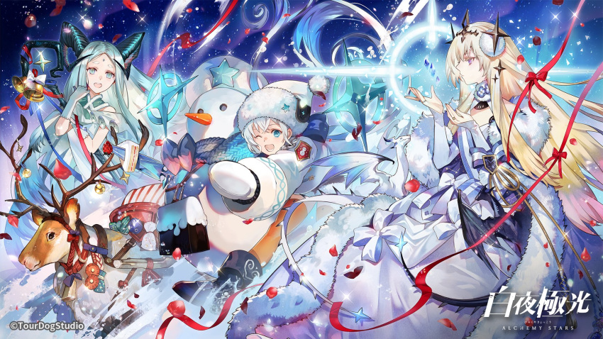 3girls alchemy_stars bell bethlehem_(alchemy_stars) blonde_hair christmas copyright_name dragon fur_trim gloves highres horns ice kyouka_hatori long_hair multiple_girls official_art reindeer snowman white_hair winter_clothes