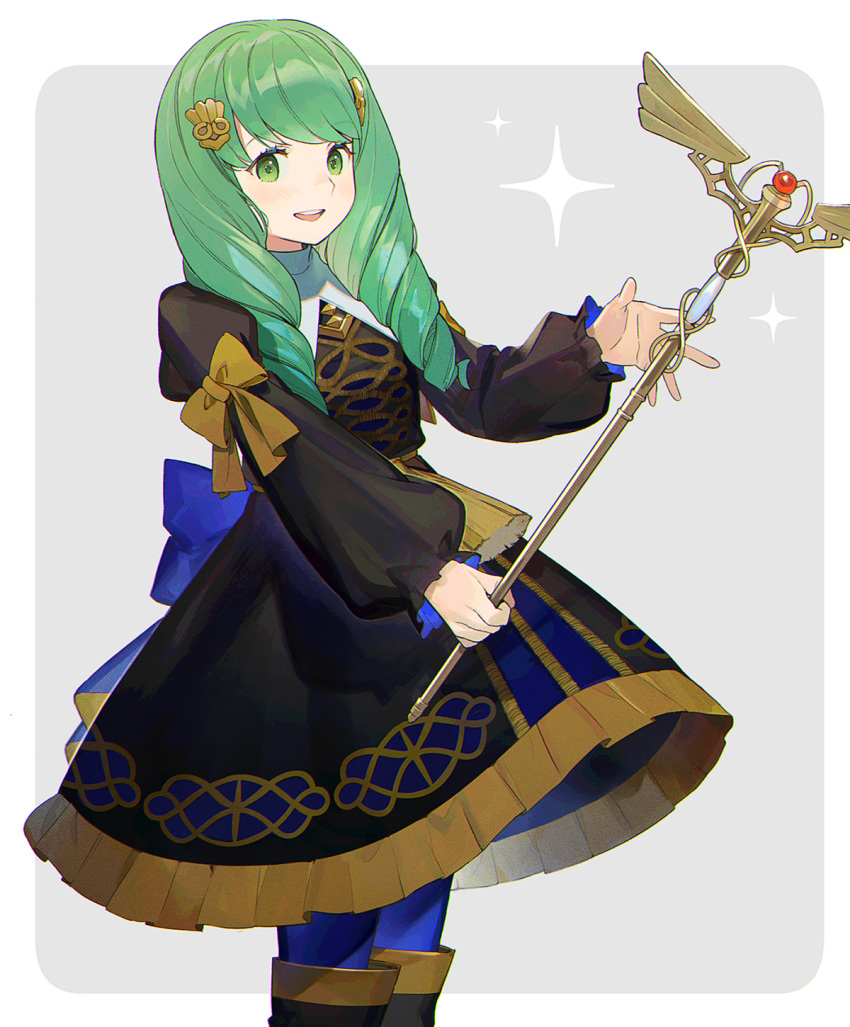 1girl blue_legwear fire_emblem fire_emblem:_three_houses flayn_(fire_emblem) garreg_mach_monastery_uniform green_eyes green_hair grey_background hair_ornament highres holding holding_staff kyufe long_hair long_sleeves open_mouth simple_background solo staff uniform