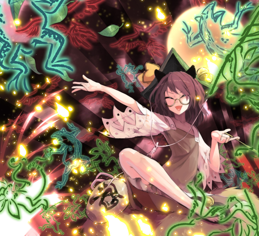 1girl alcohol animal_ears arm_at_side bangs bell bird bottle brown_dress brown_hair bunny closed_eyes danmaku dress frog full_moon futatsuiwa_mamizou glasses glowing gourd grass hair_ornament hands_up hat hat_bell hat_ribbon holding holding_pipe indian_style jingle_bell kiseru leaf leaf_hair_ornament leaf_on_head light_particles moon open_mouth outstretched_arm outstretched_hand parody pipe raccoon_ears raccoon_tail ribbon sake sake_bottle semi-rimless_eyewear short_hair short_sleeves sidelocks silhouette sitting smile solo spell_card sunburst sunyup tail tanuki touhou under-rim_eyewear wide_sleeves yellow-framed_eyewear yellow_ribbon