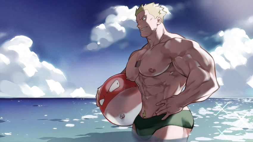 1boy abs alternate_costume bara bare_pecs blonde_hair bulge character_request day dizdoodz highres jewelry male_focus male_swimwear muscular muscular_male navel navel_hair necklace nipples ocean pectorals pokemon short_hair smile solo_focus spiked_hair stomach sunlight surge_(pokemon) swim_briefs swimwear thick_thighs thighs