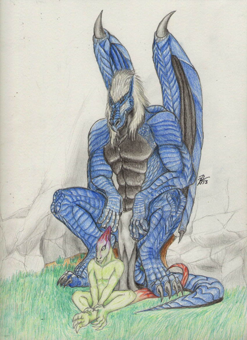 2013 4_toes absurd_res ambiguous_gender anthro azure_ebonwing black_body black_scales black_wings blue_body blue_scales bottomwear cave claws clothing colored_pencil_(artwork) crouching dragon duo grass green_body grey_claws hair hi_res hybrid kigai larger_male loincloth male membrane_(anatomy) membranous_wings no_pupils nonbinary_(lore) nude on_ground plant scales scalie sitting sitting_on_ground size_difference smaller_ambiguous sovrim_terraquian standing_on_tail toes topless_male traditional_media_(artwork) western_dragon white_clothing white_eyes white_hair white_loincloth wide_eyed wings