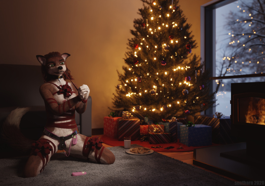 3d_(artwork) anthro bdsm blender_(disambiguation) bondage bound breasts brown_body brown_fur canid canine canis chastity_belt chastity_device christmas christmas_tree clothing controller cookie digital_media_(artwork) female fireplace food fur furniture gift gift_wrapped hair holidays mammal milk nipples nude plant red_hair remote_controlled_vibrator ribbon_bondage ribbons savanna self-bondage sentharn sex_toy sex_toy_under_clothing sofa solo submissive submissive_female tree vibrator wolf