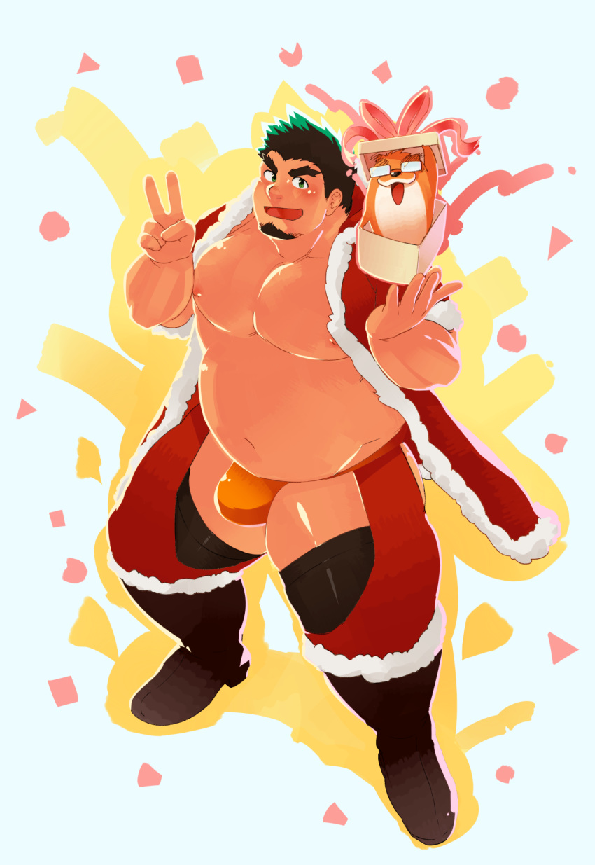 1boy abs artist_self-insert bara bare_pecs belly bikini_briefs black_hair blush bulge christmas clothing_cutout crotchless crotchless_pants english_text facial_hair full_body fur-trimmed_jacket fur-trimmed_legwear fur_trim goatee gradient_hair green_hair hat higemorigen highres jacket looking_at_viewer male_focus merry_christmas multicolored_hair muscular muscular_male navel nipples orange_male_underwear original pectorals plump santa_costume santa_hat short_hair solo textless thick_thighs thigh_cutout thighs v