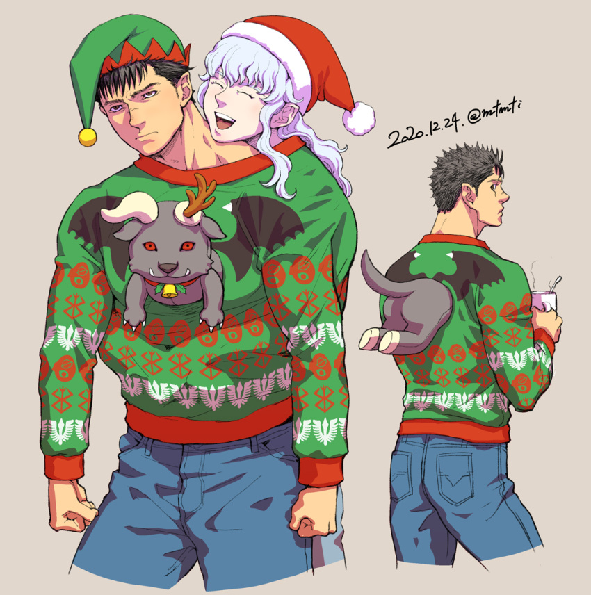 2boys alternate_costume androgynous antlers ass berserk black_hair blush christmas cropped_legs dated denim expressionless green_headwear green_sweater griffith_(berserk) guts_(berserk) hat jeans long_hair male_focus multiple_boys multiple_views pants reindeer_antlers santa_costume santa_hat shared_clothes shared_sweater silver_hair sweater toned toned_male ugly_sweater yaoi zonzgong