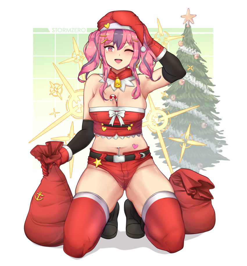 1girl ;d arm_warmers armpits artist_name azur_lane bangs bare_shoulders bell belt black_belt black_footwear blush boots breasts bremerton_(azur_lane) candy candy_cane christmas christmas_tree cleavage commentary crop_top detached_collar earrings eyebrows_visible_through_hair food food_between_breasts full_body gloves grey_hair groin hair_between_eyes hair_intakes hair_ornament hairclip hand_on_own_head hat heart highres holding holding_sack jewelry kneeling large_breasts long_hair looking_at_viewer midriff mole mole_on_breast mole_under_eye multicolored_hair navel navel_piercing one_eye_closed open_mouth piercing pink_eyes pink_hair red_gloves red_headwear red_legwear red_shirt red_shorts sack santa_costume santa_hat shadow shirt short_shorts shorts sidelocks skindentation smile solo star_(symbol) stormzero strapless_shirt streaked_hair thighhighs twintails two-tone_hair upper_teeth