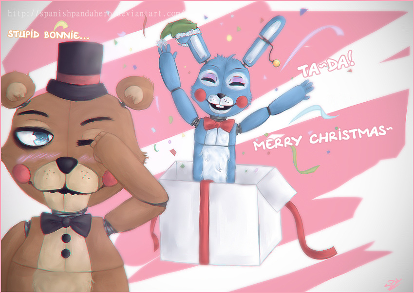 2014 ambiguous_gender animatronic anthro blue_body blue_eyes blush bow_tie brown_body buckteeth button_(fastener) christmas christmas_clothing christmas_headwear clothing confetti dialogue duo embarrassed english_text eyes_closed five_nights_at_freddy's five_nights_at_freddy's_2 freckles gift hand_on_face happy hat headgear headwear holidays lagomorph leporid long_ears machine mammal multicolored_body rabbit raised_arm red_cheeks robot santa_hat sph_works surprise teeth text toy_bonnie_(fnaf) toy_freddy_(fnaf) ursid video_games