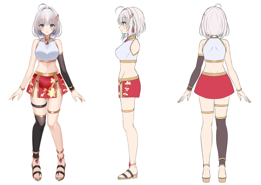 1girl anklet bracelet character_sheet earrings full_body hair_ornament hairclip harimoji highres jewelry kazuki_mikuru miniskirt official_art panty_straps pro_production shirt silver_hair single_thighhigh skirt sleeveless sleeveless_shirt thighhighs virtual_youtuber white_shirt