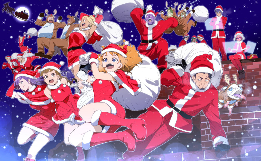 6+boys 6+girls absolutely_everyone alternate_costume animal_costume antlers blue_eyes boots breasts brown_hair character_request christmas colored_skin decadence_(anime) dress everyone facial_hair fei_(decadence) full_moon fur-trimmed_boots fur-trimmed_dress fur-trimmed_gloves fur-trimmed_jacket fur-trimmed_sleeves fur_trim gift_bag gloves goatee hat highres jacket jill_(decadence) jumping kaburagi_(decadence) kurenai_(decadence) long_hair medium_hair moon multiple_boys multiple_girls natsume_(decadence) orange_hair pipe_(decadence) purple_hair purple_skin red_footwear reindeer_antlers reindeer_costume santa_claus santa_costume santa_hat short_hair thighs wakayama_kazuto