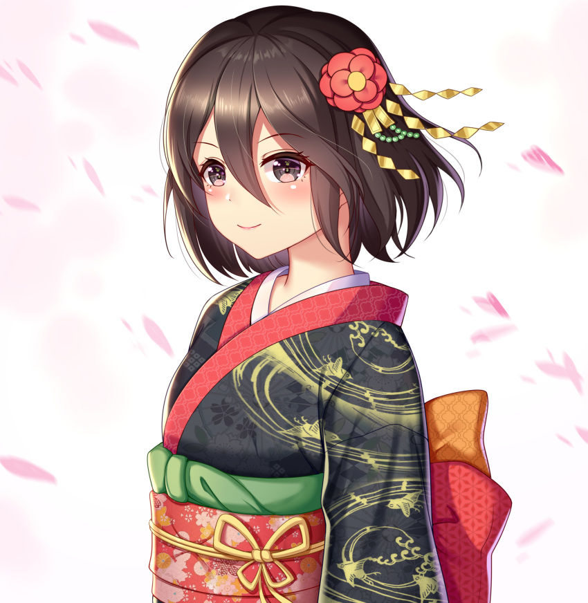 1girl bangs black_hair blush bob_cut brown_eyes cherry_blossoms closed_mouth commentary eyebrows_visible_through_hair floral_print flower hair_between_eyes hair_flower hair_ornament hair_strand highres inaba_himeko japanese_clothes kensei_(ciid) kimono kokoro_connect light_smile looking_at_viewer looking_to_the_side obi obiage obijime petals pink_background red_flower sash short_hair solo upper_body wind