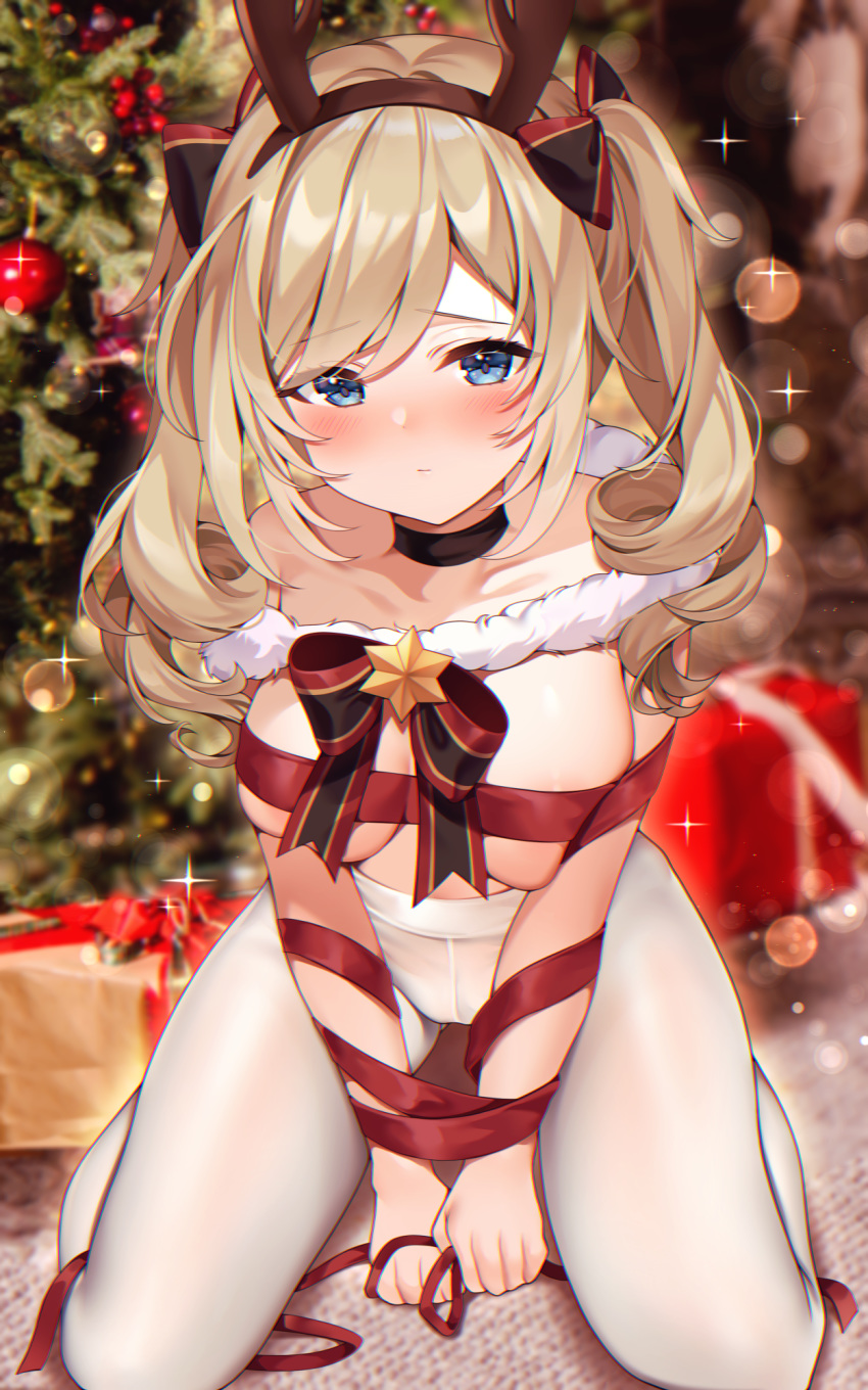 1girl bangs barbara_(genshin_impact) blonde_hair blue_eyes blush breasts choker christmas_tree clenched_hands drill_hair fake_antlers fur_trim genshin_impact hairband highres long_hair looking_at_viewer medium_breasts nearly_naked_ribbon pantyhose red_ribbon reel_(riru) ribbon sitting solo twin_drills white_legwear