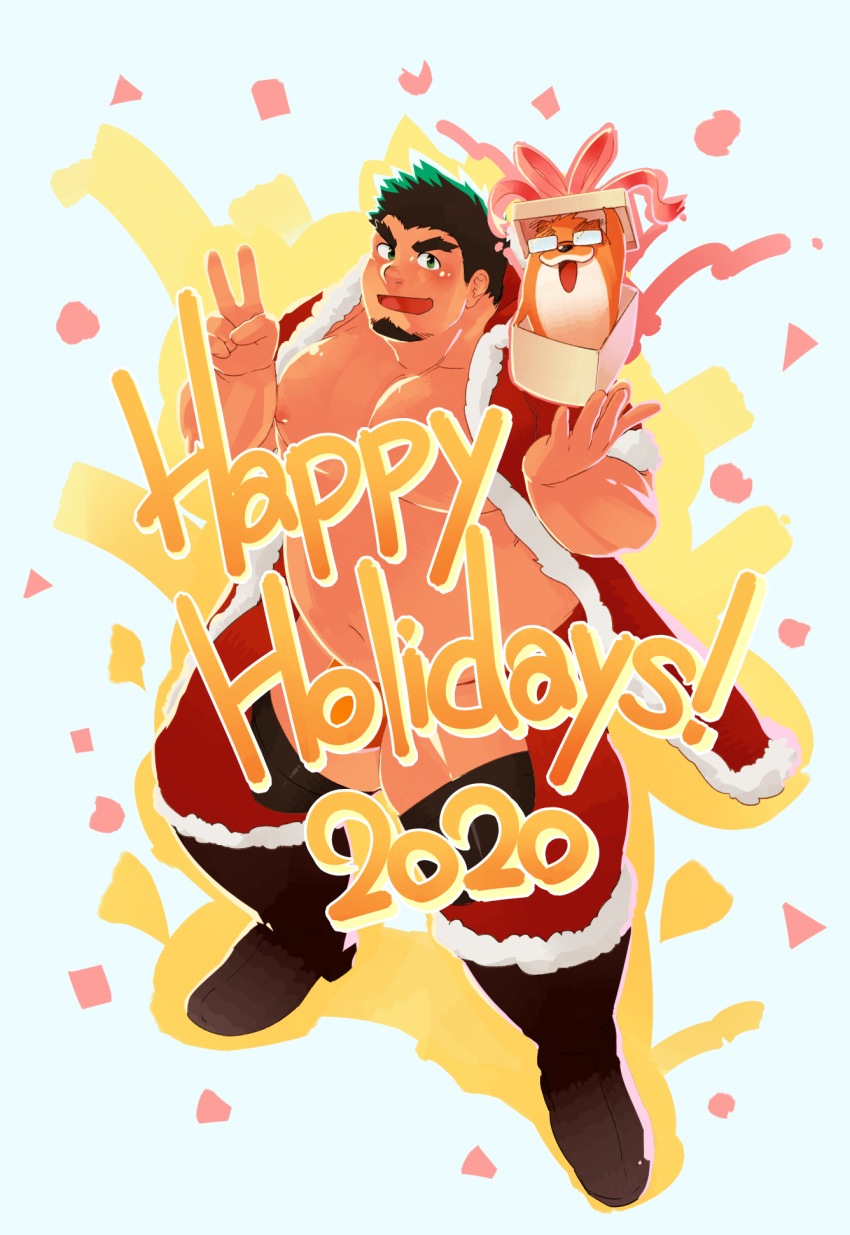 1boy abs artist_self-insert bara bare_pecs belly bikini_briefs black_hair blush bulge christmas clothing_cutout crotchless crotchless_pants english_text facial_hair full_body fur-trimmed_jacket fur-trimmed_legwear fur_trim goatee gradient_hair green_hair happy_holidays hat higemorigen highres jacket looking_at_viewer male_focus merry_christmas multicolored_hair muscular muscular_male navel nipples orange_male_underwear original pectorals plump santa_costume santa_hat short_hair solo thick_thighs thigh_cutout thighs v