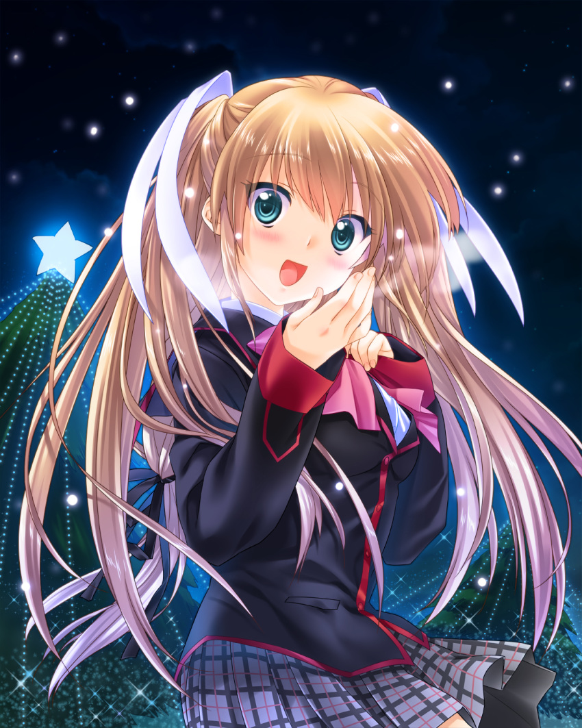 1girl black_jacket blazer blonde_hair blue_eyes bow breath christmas_tree commentary_request grey_skirt highres jacket little_busters! long_hair looking_at_viewer night pink_bow plaid plaid_skirt pleated_skirt satomi_yoshitaka school_uniform second-party_source skirt solo star_(symbol) tokido_saya twintails