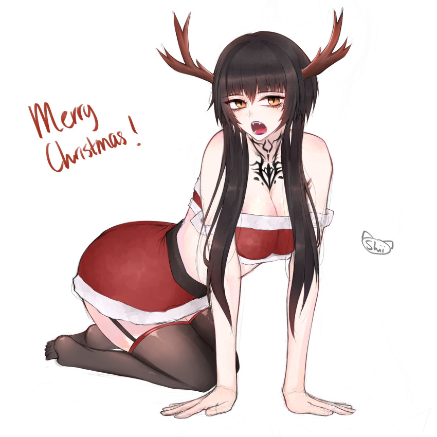 1girl antlers black_hair black_lips breast_tattoo breasts cleavage eliza_(tekken) fangs garter_belt highres kneeling open_mouth santa_costume santa_dress shiimochii signature tattoo tekken tekken_7 thighhighs thighs vampire