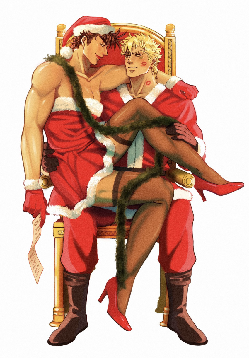 2boys alternate_costume bare_arms bare_shoulders blonde_hair brown_footwear brown_hair caesar_anthonio_zeppeli catneylang christmas couple crossdressing dress eye_contact full_body fur-trimmed_dress fur_trim gloves hat high_heels highres jojo_no_kimyou_na_bouken joseph_joestar_(young) lipstick_mark looking_at_another male_focus merry_christmas multiple_boys muscular muscular_male pectorals red_footwear red_gloves santa_costume santa_hat short_hair sitting sitting_on_lap sitting_on_person thighhighs thighs throne yaoi