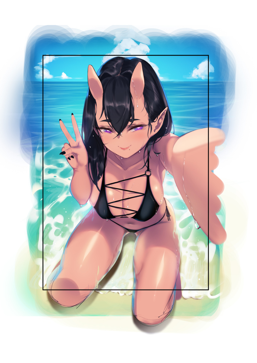 1girl bikini black_bikini blue_sky blueorca blush border closed_mouth cloud cloudy_sky collarbone dripping fingernails hair_between_eyes half-closed_eyes highres horns long_hair mole mole_under_mouth ocean oni oni_horns original outdoors pointy_ears purple_eyes self_shot sharp_fingernails sketch sky smile solo swimsuit v water wet