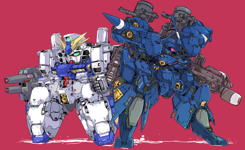 beru chibi clenched_hands glowing glowing_eye green_eyes gun gundam gundam_0080 gundam_alex highres holding holding_gun holding_weapon horns kampfer_(mobile_suit) mecha no_humans one-eyed pink_eyes science_fiction single_horn standing v-fin weapon zeon