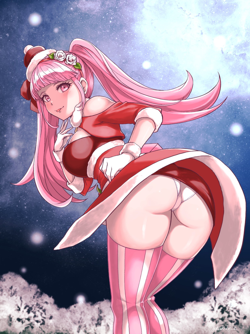 1girl alternate_costume ass breasts christmas fire_emblem fire_emblem:_three_houses fire_emblem_heroes flower gloves hair_flower hair_ornament highres hilda_valentine_goneril looking_at_viewer panties pink_hair red_eyes santa_costume simple_background solo takobe tongue tongue_out twintails underwear