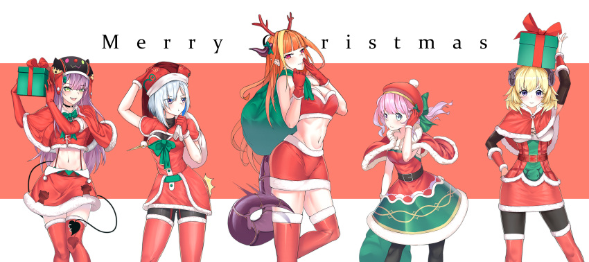 2ndeminence 5girls :&gt; :t absurdres amane_kanata antlers arms_up belt beret bibi_(tokoyami_towa) black_legwear blonde_hair bow box_on_head capelet cowboy_shot crop_top demon_tail dragon_horns dragon_tail dress elbow_gloves fur-trimmed_arm_warmers fur-trimmed_capelet fur-trimmed_crop_top fur-trimmed_gloves fur-trimmed_jacket fur-trimmed_legwear fur_trim gift gloves green_bow green_eyes grin hand_in_hair hand_on_headwear hand_on_hip hand_to_own_mouth hat highres himemori_luna holding holding_gift holding_sack hololive horns jacket kiryuu_coco long_hair looking_at_another looking_at_viewer looking_to_the_side medium_hair merry_christmas midriff motion_blur multicolored_hair multiple_girls navel pantyhose parted_lips pink_eyes pink_hair purple_eyes purple_hair red_bandeau red_dress red_eyes red_gloves red_skirt reindeer_antlers sack santa_costume santa_dress santa_gloves santa_hat sheep_horns short_hair_with_long_locks silver_hair simple_background skirt smile streaked_hair tail tail_slapping thighhighs thighhighs_over_pantyhose thighs tokoyami_towa tsunomaki_watame tsurime very_long_hair virtual_youtuber zettai_ryouiki